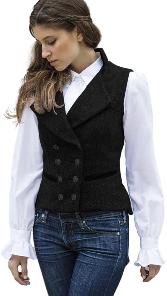 CAMDOM Damen Vintage Anzugweste im Stil der 50er Jahre - Slim Fit, V-Ausschnitt, Tweed-Weste für die Arbeit