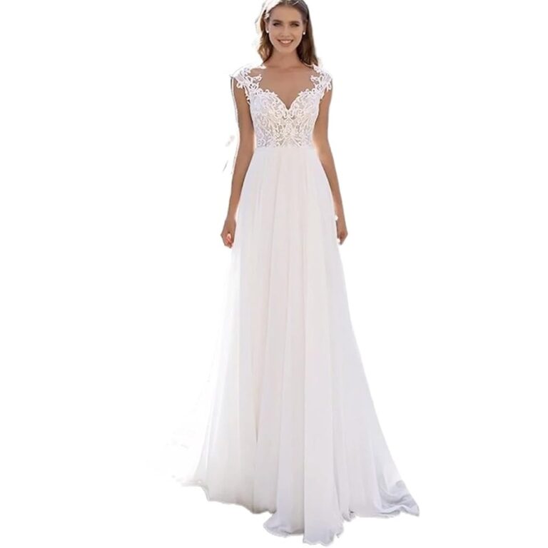 Chiffon-Hochzeitskleid mit Spitzenapplikationen, A-Linie, transparenter Ausschnitt, formellem Sweep-Zug und Flügelärmeln – ideales Partykleid
