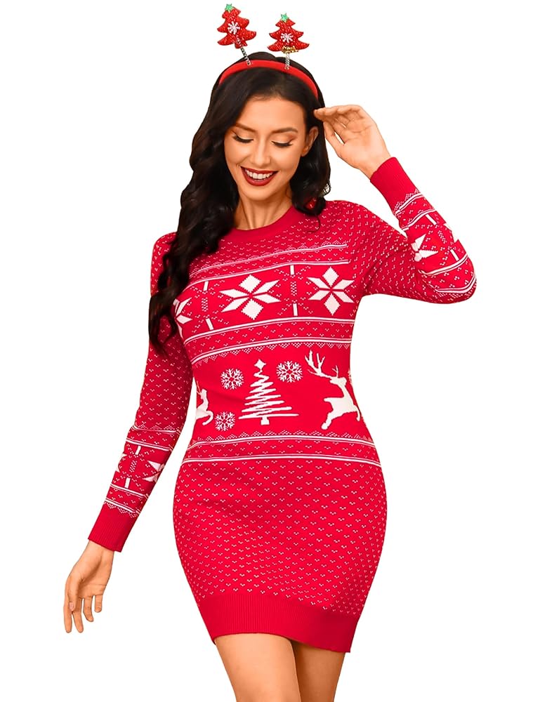 Cowasto Damen Strickkleid mit Rundhalsausschnitt – Langes Pulloverkleid im Weihnachtsdesign mit Schneeflocken-Muster, ideal für den Winter und die Freizeit