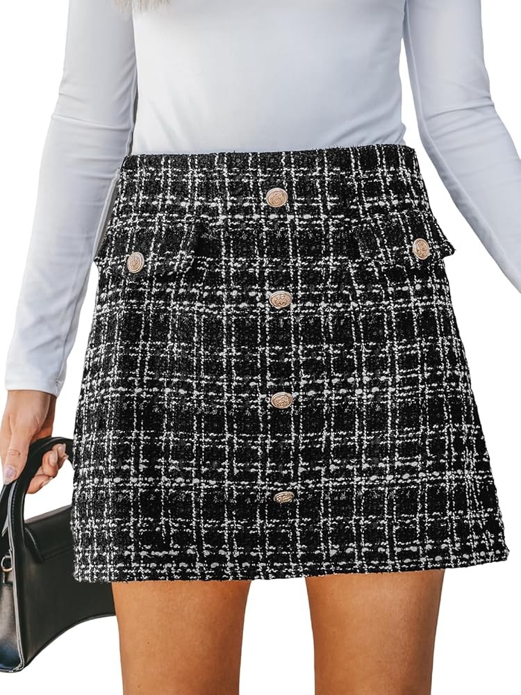 CUPSHE Damen Hohe Taille Karierter Minirock mit Knöpfen aus Tweed – Eleganter Kurzrock für die Freizeit