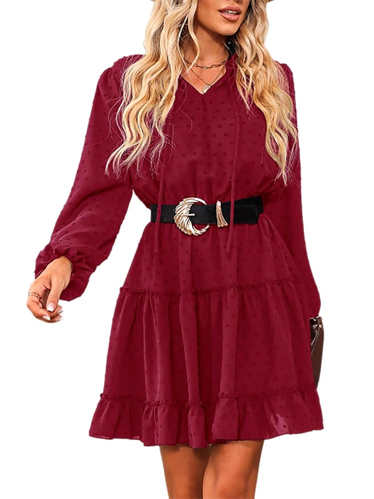 CUPSHE Damen Kurzkleid mit V-Ausschnitt, langen Ärmeln und Volants aus Chiffon – Freizeitkleid für Partys und Tuniken