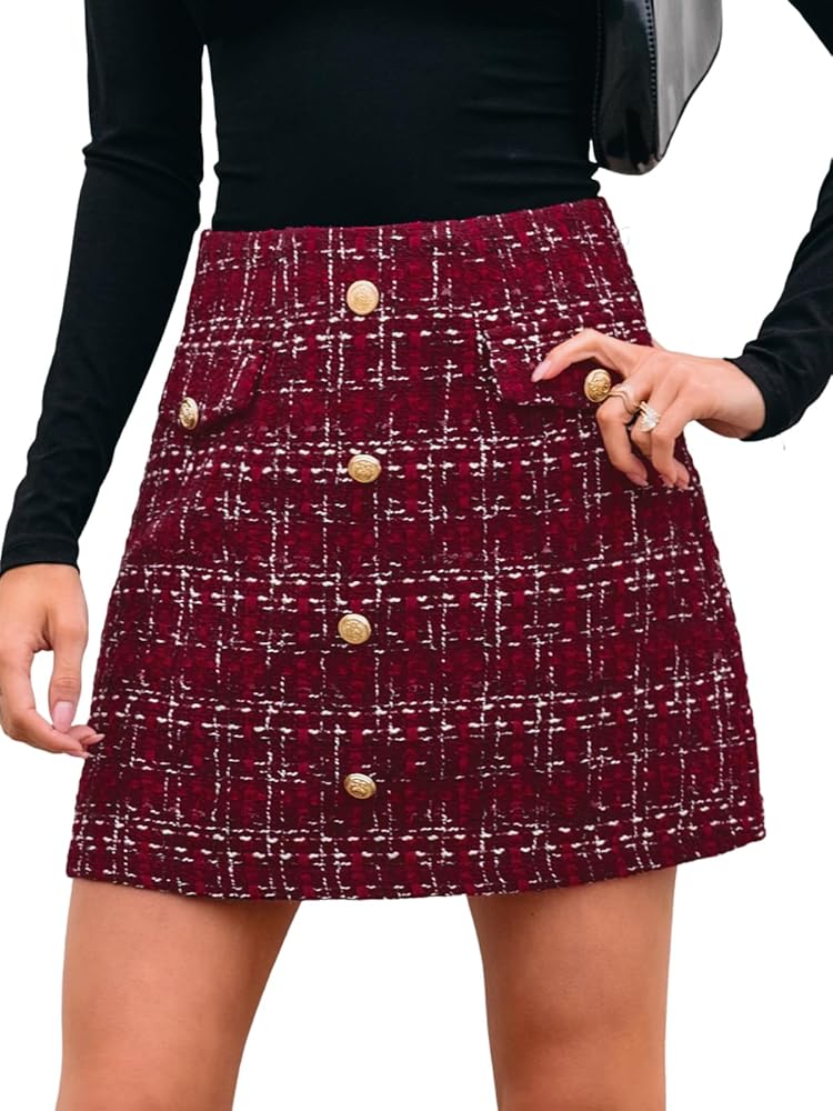 CUPSHE Damen Minirock mit hohem Bund, Knöpfen und Karo-Muster – eleganter Kurzrock im Tweed-Stil