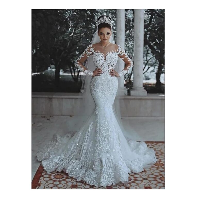 CUTTE Elegantes Hochzeitskleid – Sexy Brautkleid mit tiefem V-Ausschnitt, Spitze, Meerjungfrau-Silhouette, Brautjungfernkleid mit Ärmeln, Maxi Abendkleid in Weiß, Größe 6XL