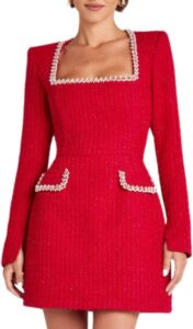 Damen Elegantes Tweed Minikleid für Herbst und Winter mit Langarm, Schmalem Quadratischem Ausschnitt und Hoher Taille - A-Linie für Abendpartys, Einteiliges Kurzes Kleid