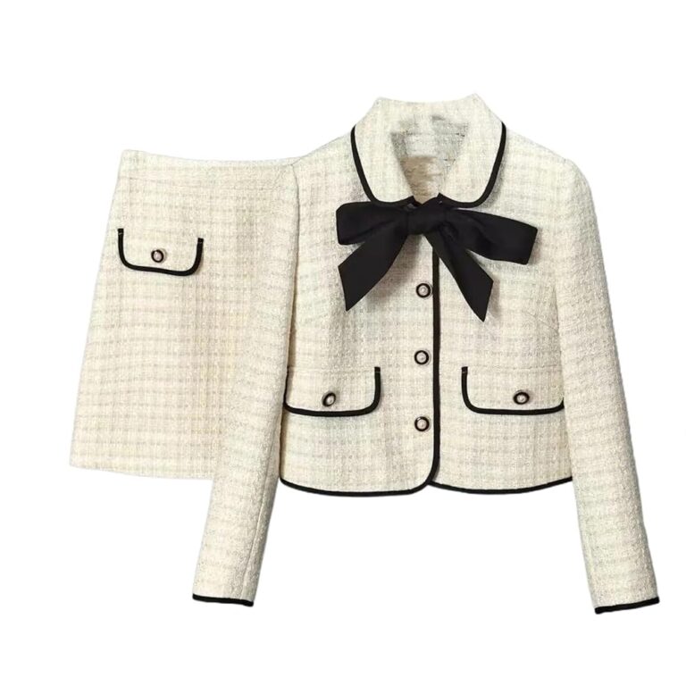 Damen Tweed-Anzug: Elegantes zweiteiliges Set mit Jacke und Rock in Weiß – Perfekt für den Winter in Jacquard-Optik