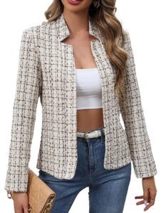 Damen Tweed Blazer Jacke im Herbststil mit Karomuster – Offene Front, eleganter Anzug mit Reverskragen für das Büro