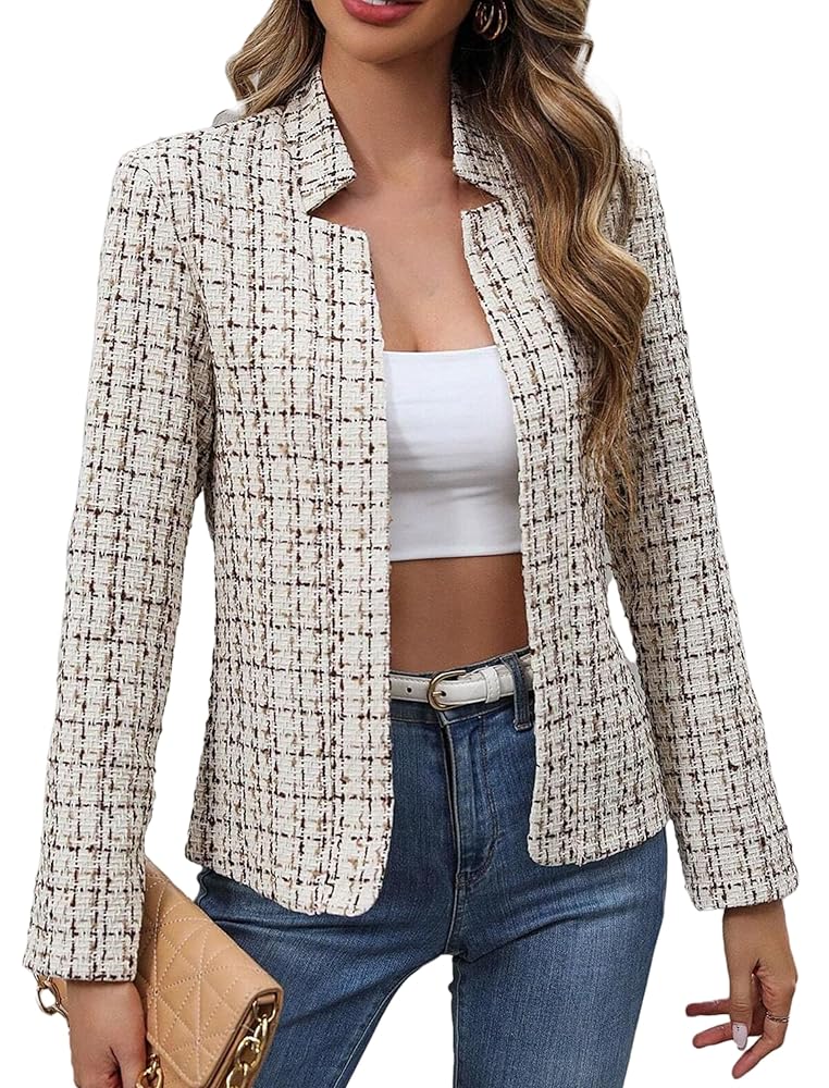 Damen Tweed Blazer Jacke im Herbststil mit Karomuster – Offene Front, eleganter Anzug mit Reverskragen für das Büro
