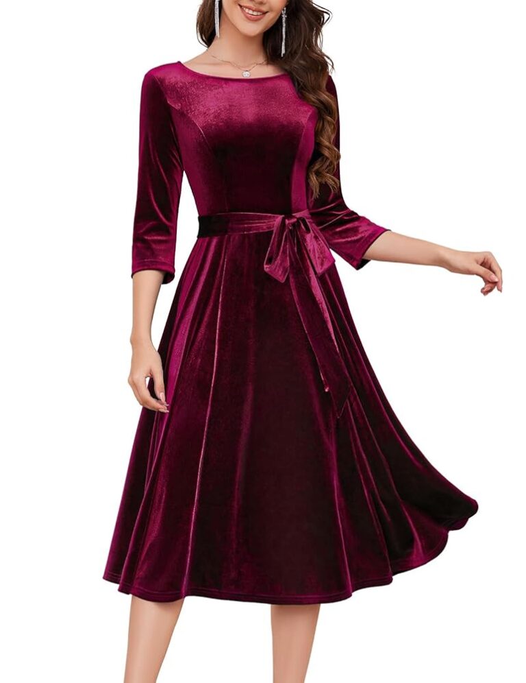 DRESSTELLS Damen Rockabilly Kleid mit Rundhalsausschnitt und 3/4-Ärmeln – Festliches Retro Vintage Swing A-Linien Midikleid für besondere Anlässe
