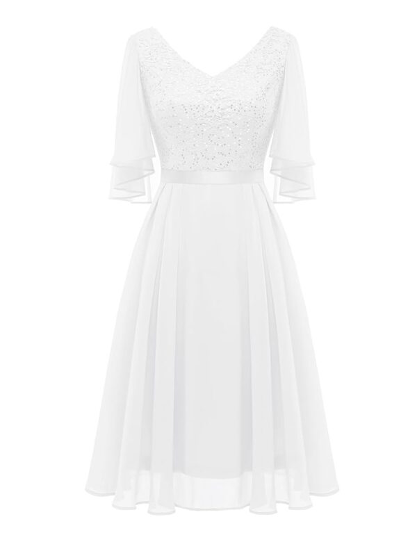 Dressystar Damen Elegantes Cocktailkleid mit V-Ausschnitt, Spitzenapplikationen und Pailletten – Knielanges Abendkleid für Hochzeiten