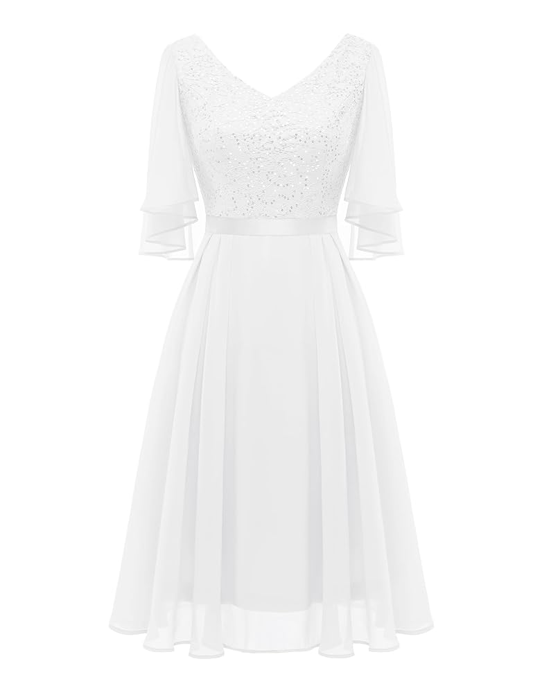 Dressystar Damen Elegantes Cocktailkleid mit V-Ausschnitt, Spitzenapplikationen und Pailletten – Knielanges Abendkleid für Hochzeiten