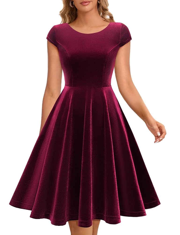 Dressystar Damen Vintage 50er Jahre Cap Sleeve Punktmuster Einfarbig Rockabilly Swing Kleid