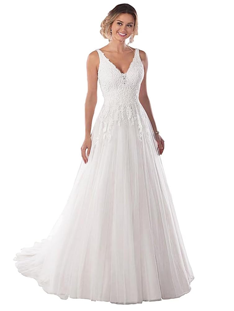 Dymaisei Damen V-Ausschnitt Boho Hochzeitskleid für Bräute mit Spitzenapplikationen im Ballkleid-Stil
