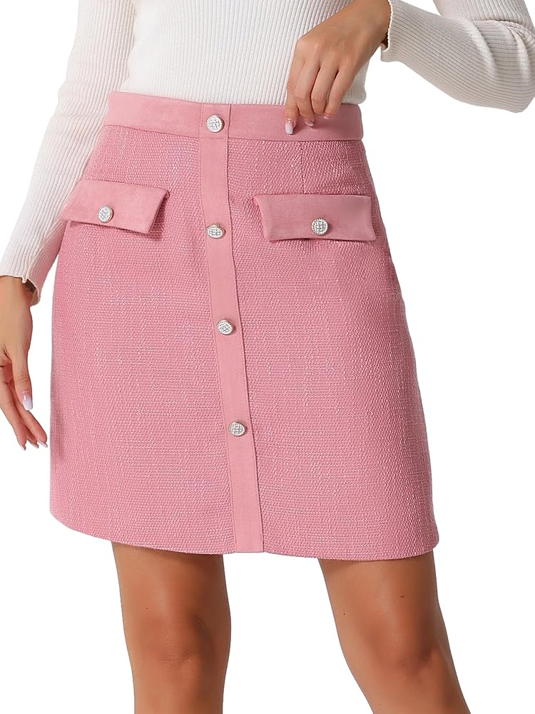 Eleganter Damen Minirock von Allegra K mit hoher Taille, Kontrastfarbe, Knopfdetails und Karomuster aus Tweed für den Winter