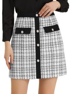 Eleganter Damen Winterrock von Allegra K mit hoher Taille, Kontrastfarbe, Knopfdetails und kariertem Tweed-Material im Mini-Stil