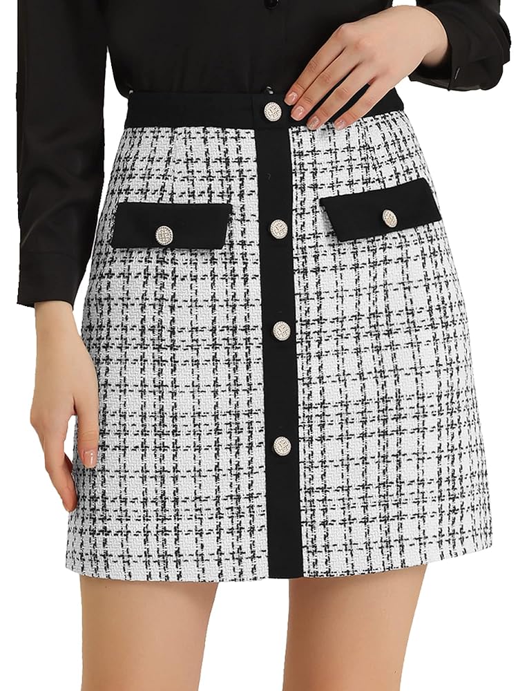 Eleganter Damen Winterrock von Allegra K mit hoher Taille, Kontrastfarbe, Knopfdetails und kariertem Tweed-Material im Mini-Stil