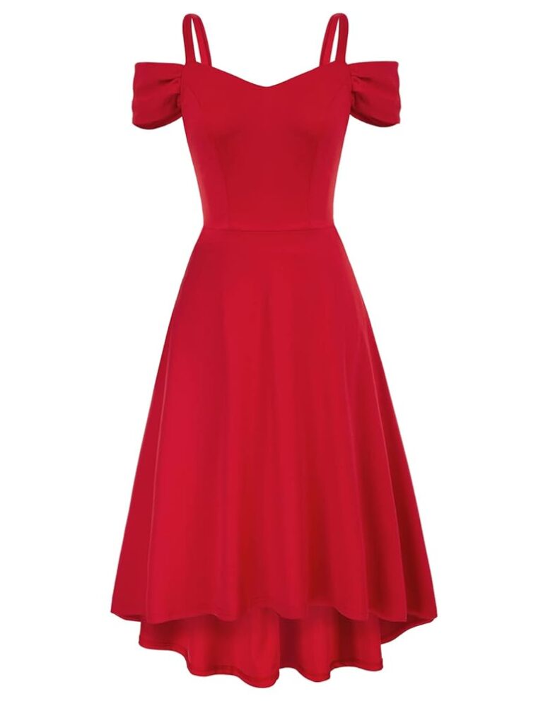 Elegantes Cocktailkleid für Damen von GRACE KARIN mit V-Ausschnitt, Spaghetti-Trägern, schulterfreiem Design und High-Low Saum im Faltenrock-Stil