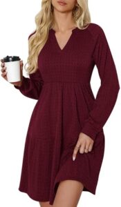 Elegantes Damen Strickkleid mit V-Ausschnitt und langen Ärmeln, knielang, lässig gestrickt, ideal für Herbst und Winter, A-Linie mit Taschen