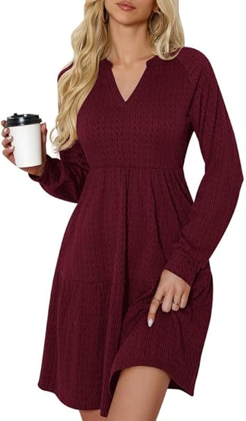 Elegantes Damen Strickkleid mit V-Ausschnitt und langen Ärmeln, knielang, lässig gestrickt, ideal für Herbst und Winter, A-Linie mit Taschen