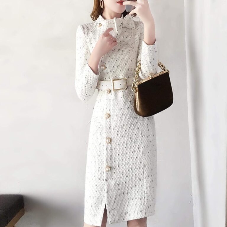 Elegantes Damenkleid mit Perlenknopf und Tweed-Muster, sexy Schlitz, lange Ärmel, mit Gürtel, Bleistiftkleid, in Weiß