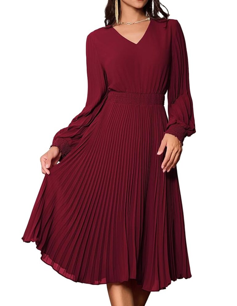 Elegantes Damenkleid von GRACE KARIN mit langen Ärmeln, V-Ausschnitt, schwingendem A-Linien-Faltenrock für Cocktails und Freizeit