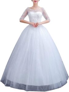 Elegantes langes Hochzeitskleid für Damen im Vintage-Stil mit Spitze, A-Linie, Prinzessinnen-Design, glitzernde Details, ideal für standesamtliche Trauungen, aus Tüll mit Ärmeln