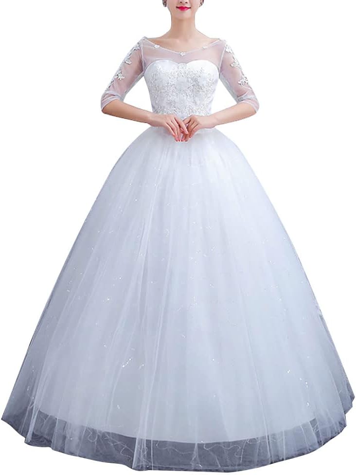 Elegantes langes Hochzeitskleid für Damen im Vintage-Stil mit Spitze, A-Linie, Prinzessinnen-Design, glitzernde Details, ideal für standesamtliche Trauungen, aus Tüll mit Ärmeln
