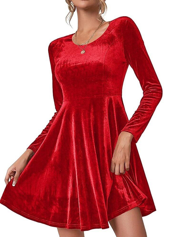 Elegantes Samtkleid für Damen von Zeagoo – Weihnachtskleid, Winterkleid mit langen Ärmeln, Rundhalsausschnitt, Abendkleid, Cocktailkleid, festliches Partykleid in knielanger...