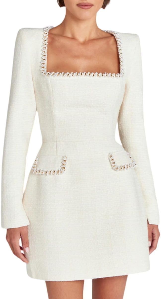 Elegantes Tweed Minikleid für Damen im Herbst und Winter - Mit schmalem quadratischem Ausschnitt, langen Ärmeln, hoher Taille und A-Linie für Abendpartys - Einteiliges,...