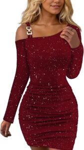 EMOTTOS Damen Sexy Pailletten Minikleid mit Schulterfreier Quadratischer Schnalle, Abgeschrägten Schultern und Wickeldesign, Eng anliegender Bodycon-Schnitt mit Falten unter der...