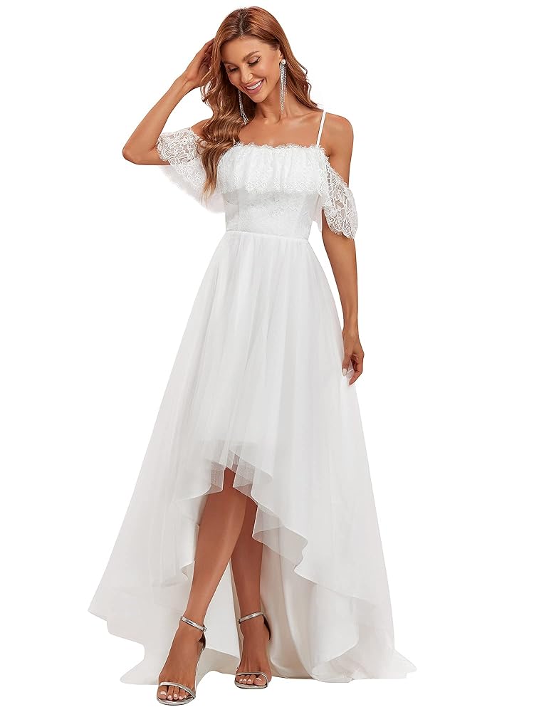 Ever-Pretty Damen Brautkleid mit verstellbaren Spaghetti-Trägern, asymmetrischer Spitze und Tüll in Weiß, Größe 46 EU