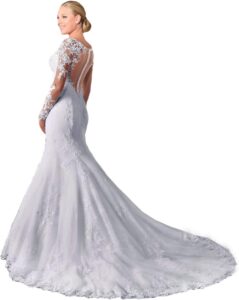 Fashionbride Damen-Brautkleid im Meerjungfrau-Stil, mit langen Ärmeln und transparentem Rücken, Hochzeitskleid 2024