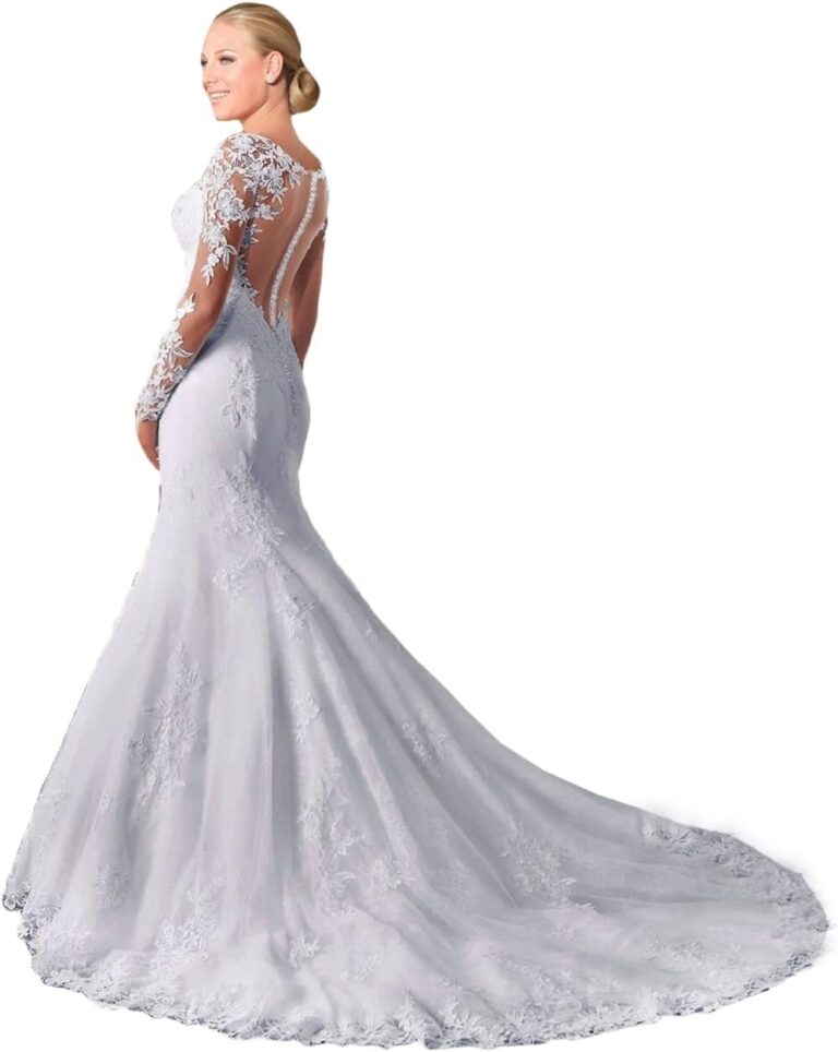 Fashionbride Damen-Brautkleid im Meerjungfrau-Stil, mit langen Ärmeln und transparentem Rücken, Hochzeitskleid 2024