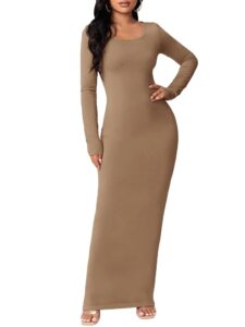 Floerns Damen Einfarbiges Langarm Bodycon Bleistift Maxikleid mit U-Ausschnitt