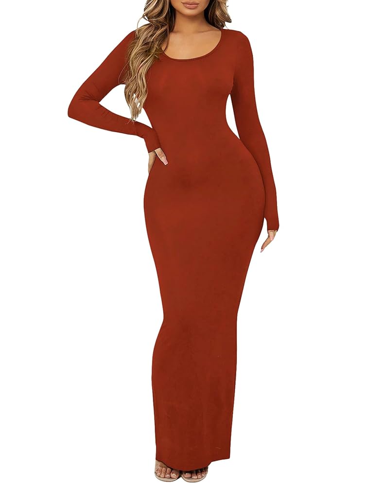 Floerns Damen Einfarbiges Langarm Bodycon Maxikleid mit U-Ausschnitt
