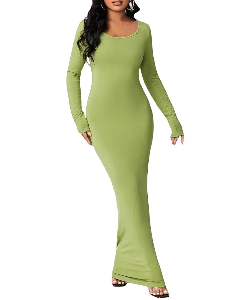 Floerns Damen Langarm Bodycon Maxikleid mit U-Ausschnitt in einfarbig