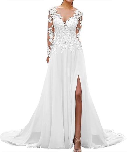 GeRRiT Hochzeitskleid für die Standesamtliche Trauung – Langarm-Brautkleid mit V-Ausschnitt in Weiß, Größe 10 (44)