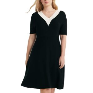 GOELIA Damen Mini-Pulloverkleid, zweireihig mit V-Ausschnitt, ideal für Lehrer und im Business, 3/4-Ärmel Strickkleid