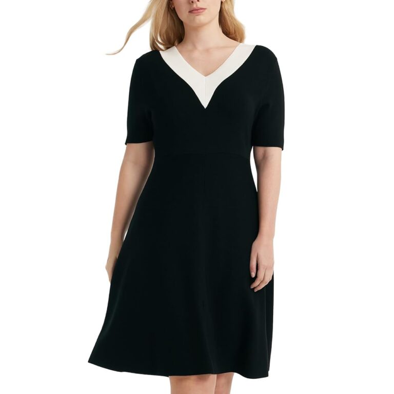GOELIA Damen Mini-Pulloverkleid, zweireihig mit V-Ausschnitt, ideal für Lehrer und im Business, 3/4-Ärmel Strickkleid