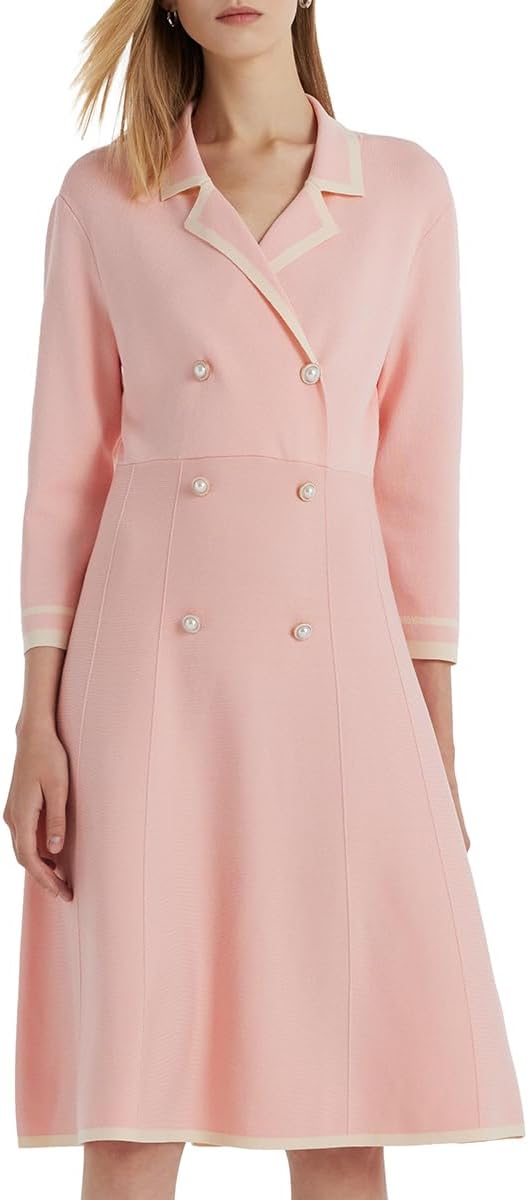 GOELIA Damen Mini-Pulloverkleid, zweireihiger V-Ausschnitt, Strickkleid für Lehrer, Büro und Business, mit 3/4-Ärmeln