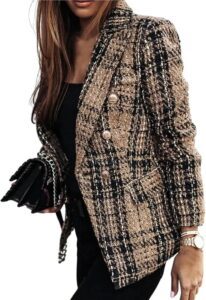 Goolecrimp Damen Blazer im Karodesign – Trendige zweireihige Jacke mit Tweed-Revers für einen eleganten Business-Casual-Look im Retro-Stil