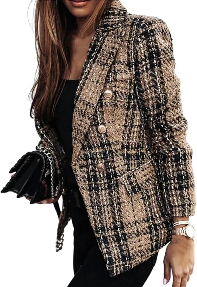 Goolecrimp Damen Blazer im Karodesign – Trendige zweireihige Jacke mit Tweed-Revers für einen eleganten Business-Casual-Look im Retro-Stil