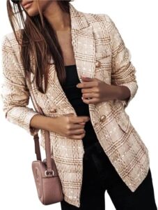 Goolecrimp Damen Blazer im Karomuster – Trendige zweireihige Jacke mit Tweed-Revers für einen eleganten Business Casual Look im Retro-Stil