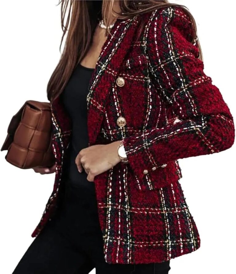 Goolecrimp Damen Blazer im Karomuster – Trendige zweireihige Jacke mit Tweed-Revers für einen eleganten Business Casual Look im Retro-Stil