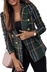 Goolecrimp Karierter Damenblazer – Trendige Zweireihige Karo-Jacke mit Tweed-Revers für einen eleganten Business-Casual-Look im Retro-Stil