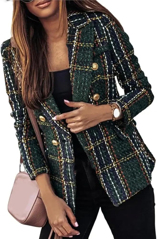 Goolecrimp Karierter Damenblazer – Trendige Zweireihige Karo-Jacke mit Tweed-Revers für einen eleganten Business-Casual-Look im Retro-Stil
