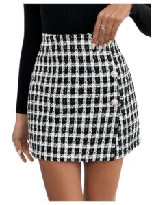 GORGLITTER Damen Kurzer Tweedrock für den Herbst – Kariert mit Schlitz und eleganten Knöpfen