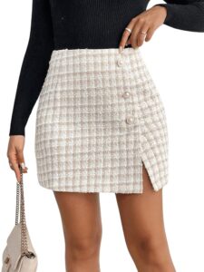 GORGLITTER Damen Kurzrock aus Tweed für den Herbst – Karierter Rock mit Schlitz und eleganten Knöpfen