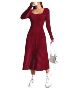 GORGLITTER Damen Langarm Strickkleid im A-Linien Schnitt – Elegantes Maxi Kleid mit Eckigem Ausschnitt für Freizeit im Herbst und Winter