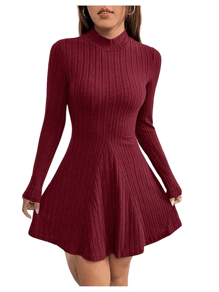 GORGLITTER Damen Strickkleid für den Winter – Elegantes Midi-Kleid mit Stehkragen, A-Linie, knielang und langen Ärmeln, ideal für den Herbst und die Freizeit