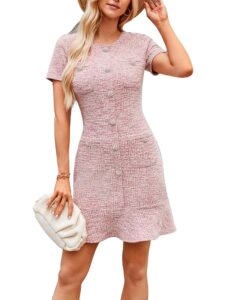 GRACE KARIN Damen Kurzarm Tweed Bodycon Minikleid mit Taschen, Rüschensaum und Rundhalsausschnitt – Büro-Outfit